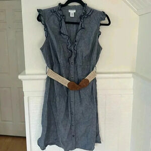 Motherhood Maternity Chambray Ruffle Dress with Tan & Brown Belt, size Medium